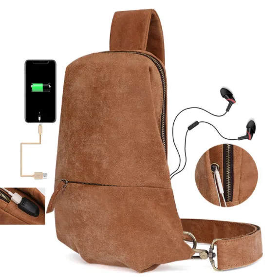 Модные мужские из натуральной кожи груди мешок USB зарядка плечо перекинул