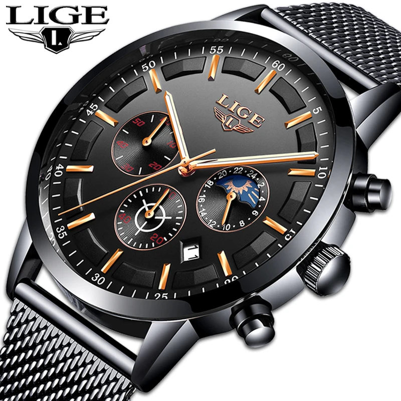 

Relogio LIGE New Mens Watches Top Brand Luxury Casual Quartz Wristwatch Men Fashion Stainless Steel Waterproof Sport Chronograph