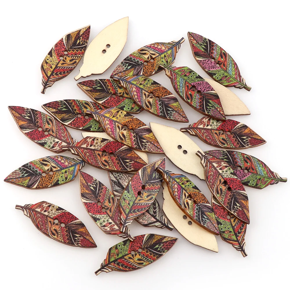 

50Pcs 15*42mm Mix Color Bohemia Style Leaf Shape Wooden Button With 2 Holes Scrapbooking For Sewing Clothes DIY Handmade Craft