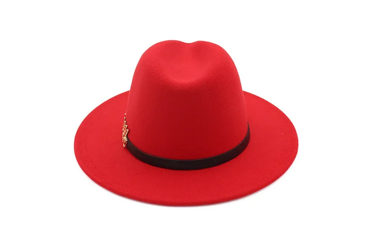 QBHAT Trend Men Women Wool Felt Panama Hat Fedora Caps with Metal Leaves Leather Band Jazz Trilby cap white green yellow hats felt fedora hat