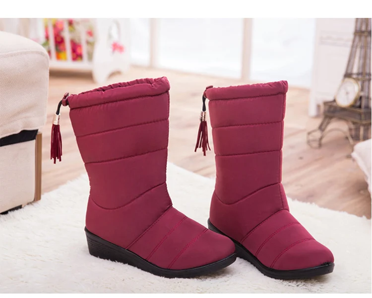 Размеры 35-40; водонепроницаемые женские зимние ботинки на плоской платформе; зимняя теплая обувь; Повседневные Плюшевые кожаные ботинки до середины икры; женская обувь