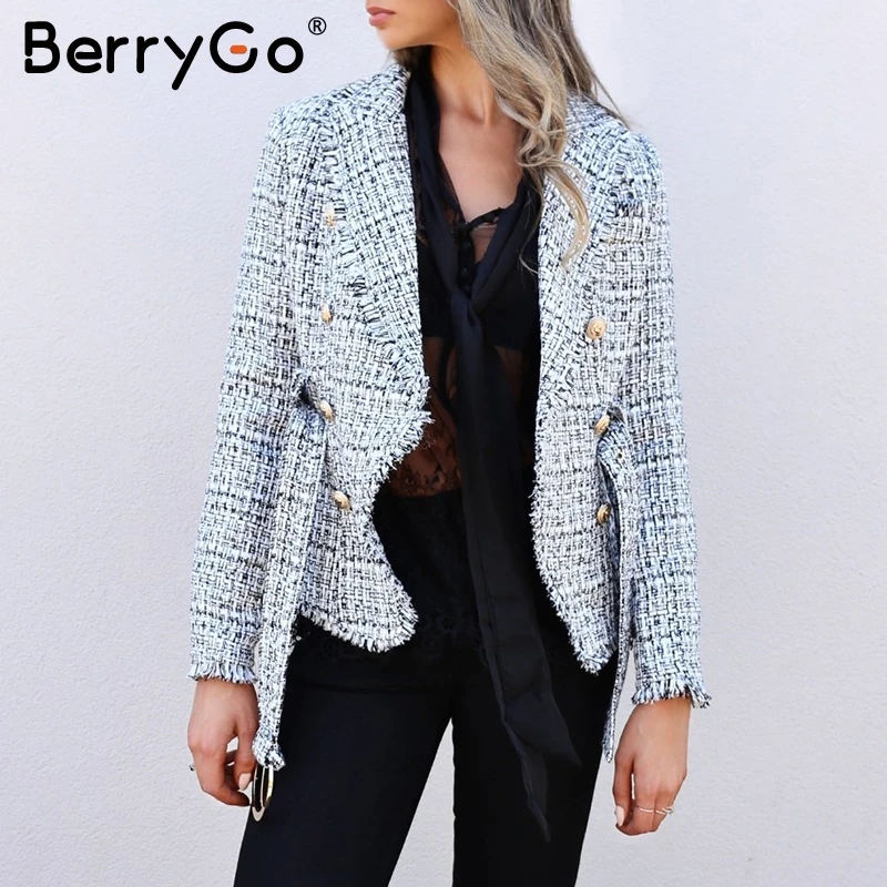 

BerryGo Plaid tassel tweed women blazer coat V-neck double breasted button belt ladies coats Long sleeve outwear coat jacket