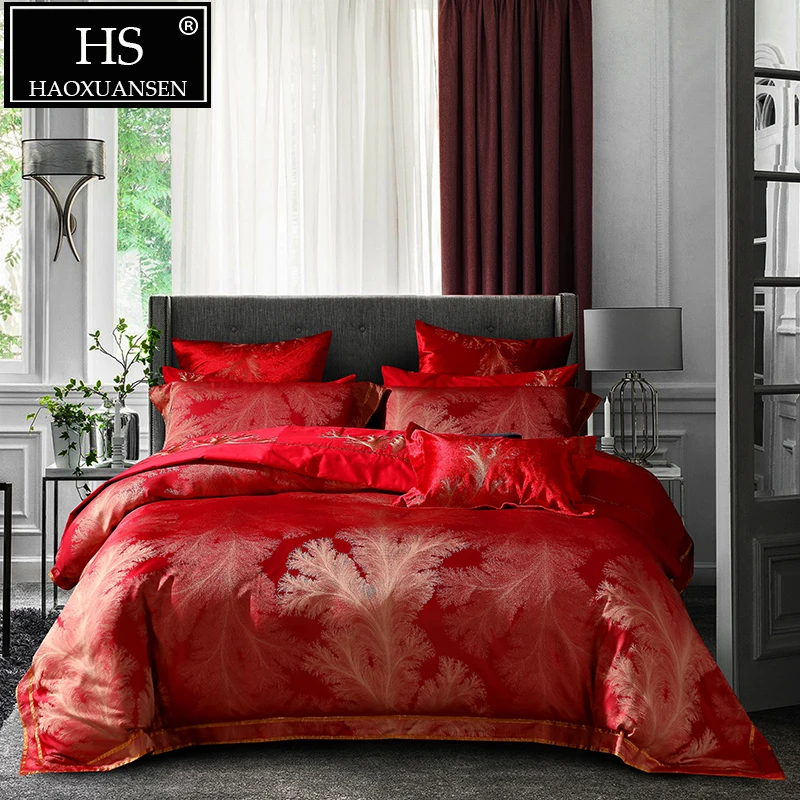 

Fashion High-end Red 4pcs Bedding Sets Luxury Jacquard Modern Bed Linens 650 Thread Count Cotton Sheet Set Queen King Size