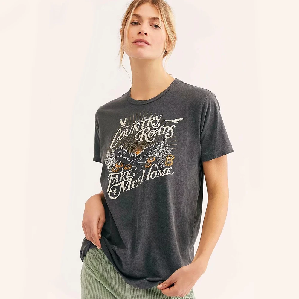 

KHALEE YOSE Summer Casual T Shirt Women Black White Country Roads Tee Vintage Short Sleeve Graphic Tee Boho Chic Shirts Tops