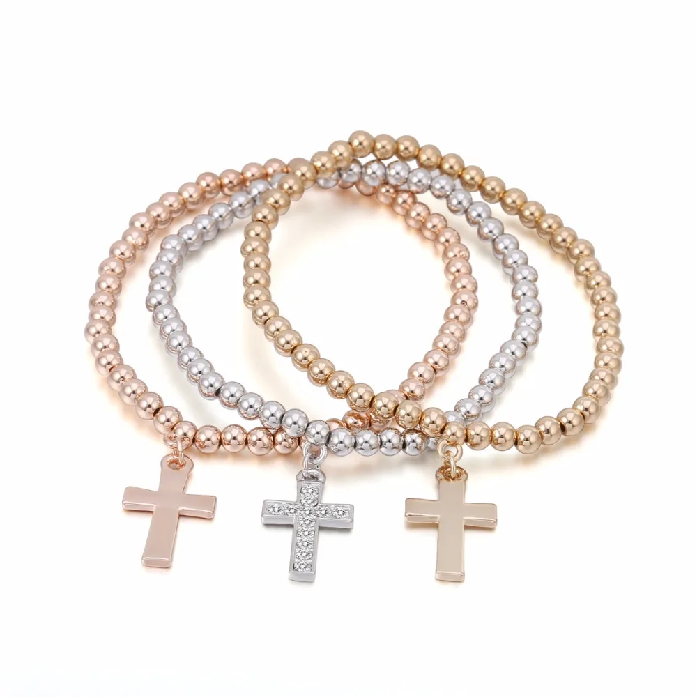 Cross Charm Bracelets Women Bead Rope CZ Rose Gold/Gold/Silver Geometry