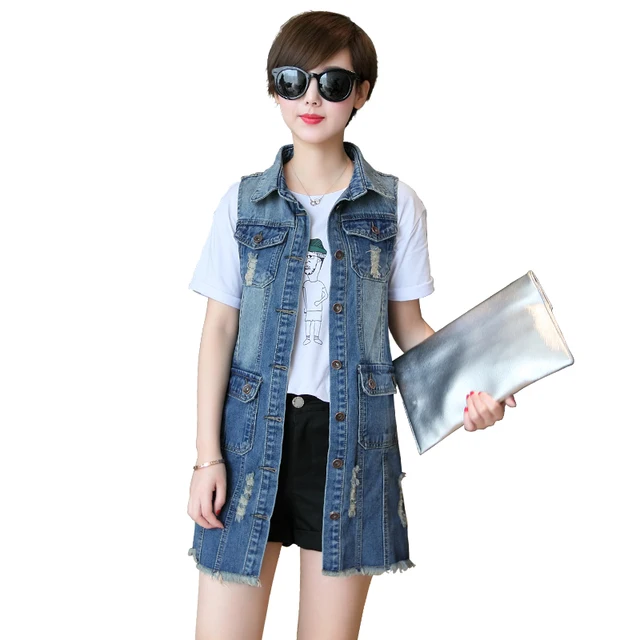 Nouvelle Longue Vers Bas Trous Style Denim Vintage Boyfriend Femmes 2018 Gilet Effiloché Dames Le Col B45d4qnw
