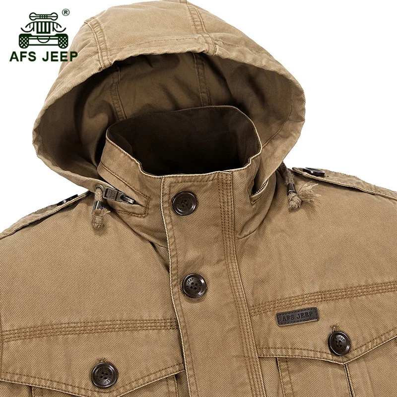 AFS JEEP, Мужская Осенняя Повседневная брендовая куртка цвета хаки из чистого хлопка, Весенняя мужская куртка с капюшоном, армейская зеленая куртка, пальто, верхняя одежда