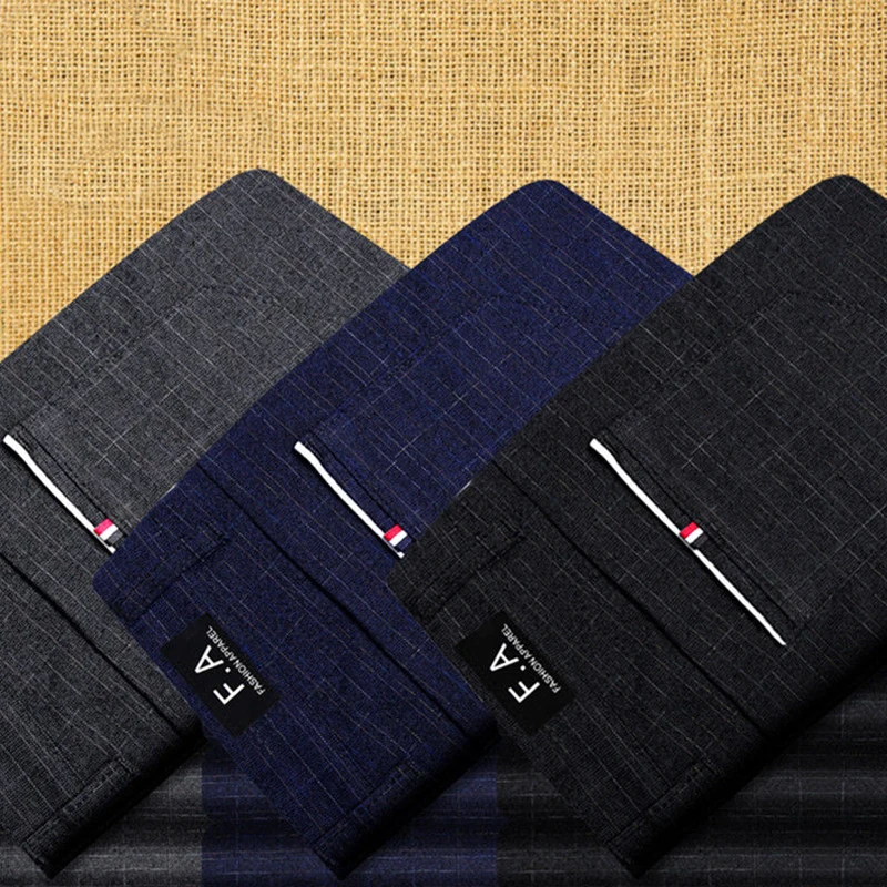 

High Quality Cotton Linen Plaid Pants Men Business Casual Straight Trousers