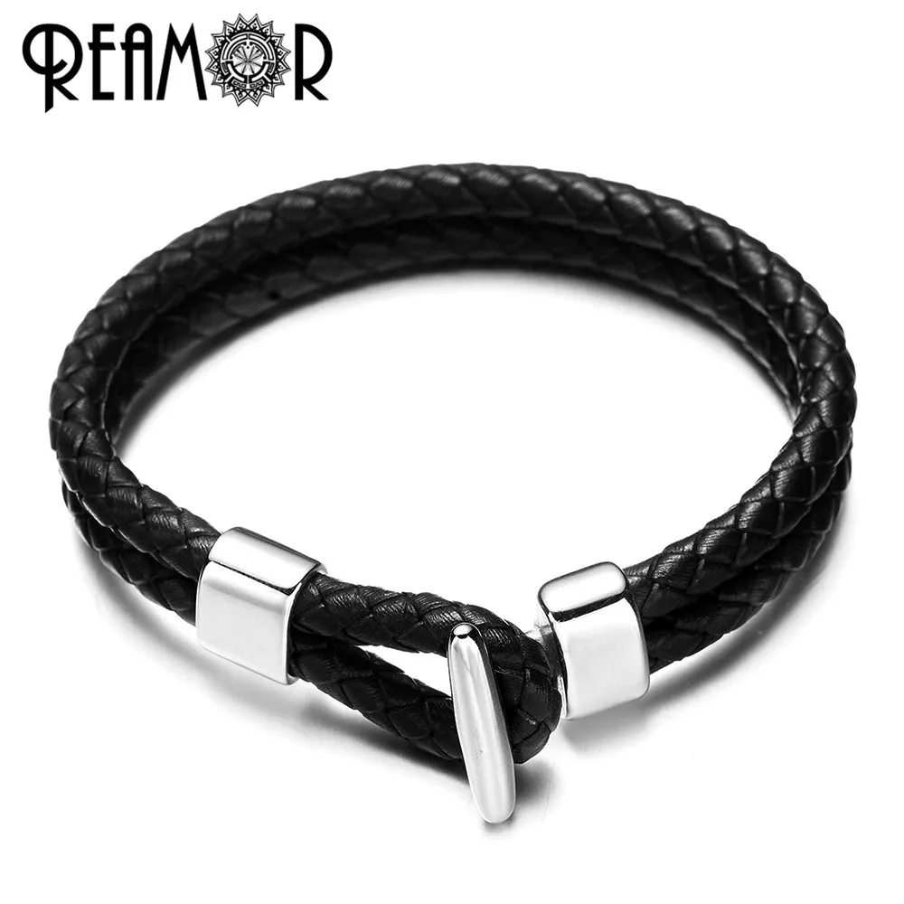 

REAMOR Fashion Double Layers Genuine Braided Leather Bracelet Simple Men Bracelet with 316l Stainless Steel Connectors Charms
