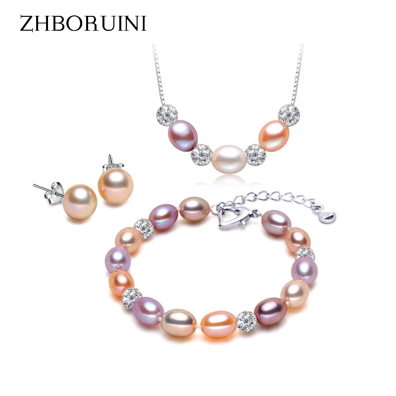 Мода zhboruini ожерелье жемчужный комплект ювелирного изделия с натуральным камнем жемчуг перламутр 925 серебро ожерелье серьги подвески для женщин
