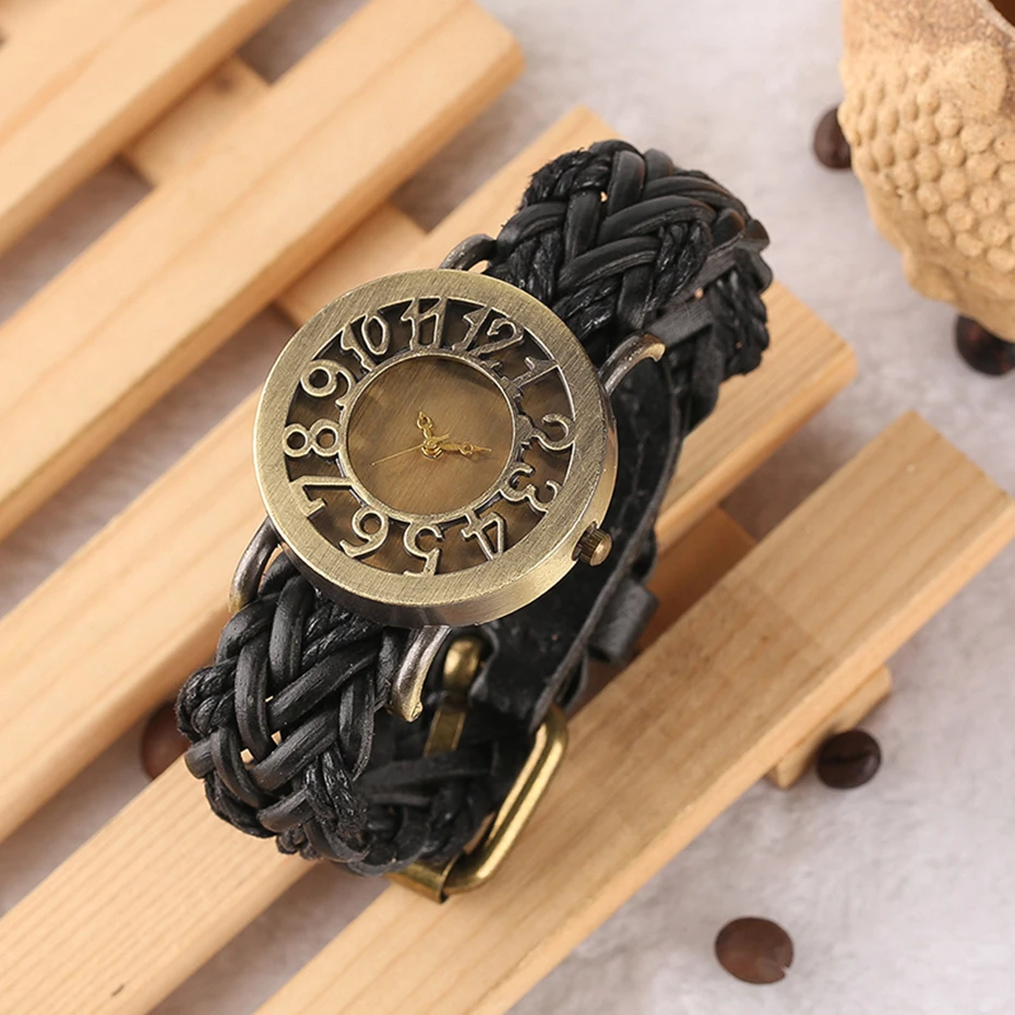Bohemian Style Lady's Watches Handcraft Black Knitted Leather Watch Band Hollow Arabic Numerals Skeleton Casual  Bracelet Gift (8)