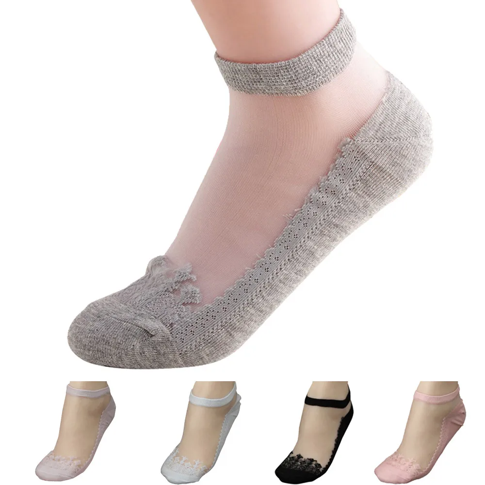 

1 Pair Breathable Ultra Thin Socks Summer Women Transparent Lace Silk Crystal Solid Girls Elastic Short Socks Female Sox *45