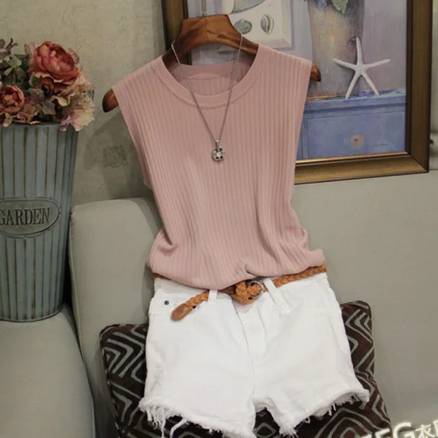 Knitted Vests Women Top O-neck Solid Tank Fashion Female Sleeveless Casual Thin Tops 2022 Summer Knit Woman Shirt Gilet Femme Pink