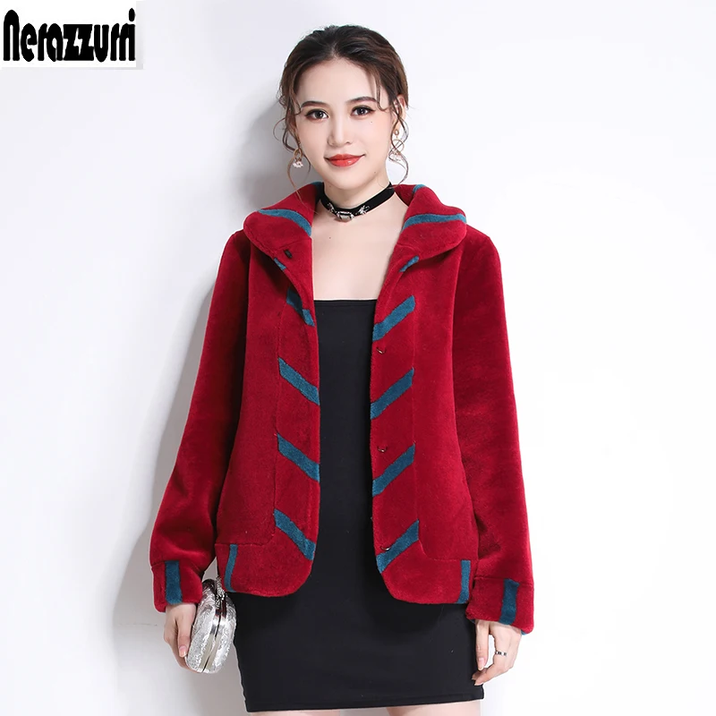 

Nerazzurri short winter real fur coat women warm natural lamb fur outwear color block sheep shearing jacket plus size 5xl 6xl