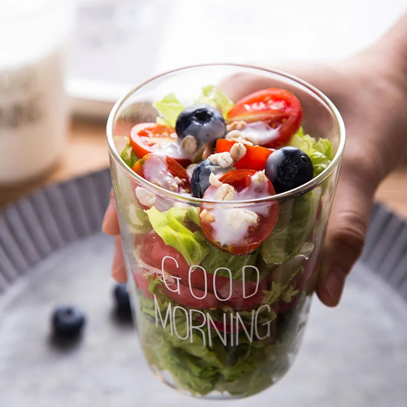 Glass Cups 400ml Brief Style Good Morning Glass Breakfast Cups Glassware Lovely Cups & Mugs for Milk Smoothie Drinkware (10)