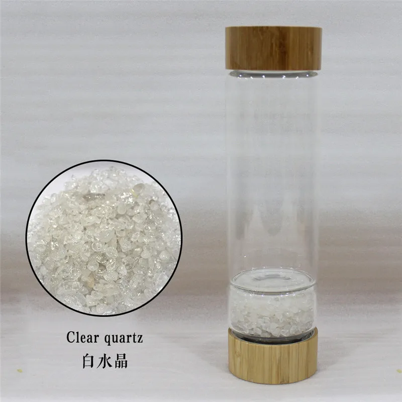 Креативный 450 мл натуральный кристалл камень стекло воды bottel здоровая энергия чашка для воды бамбуковый кварц портативный - Color: clear quartz