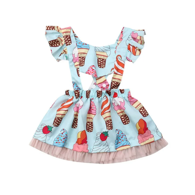 Летняя одежда с короткими рукавами для новорожденных и маленьких девочек, мини-платье принцессы с рисунком мороженого, хлопковый сарафан, костюм, одежда - Цвет: Синий