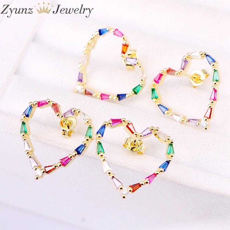 

5Pairs, Gold Filled Shiny Heart Design CZ Micro Pave Stud Earring Rainbow Zirconia Fashion Earrings Crystal For Women Lady