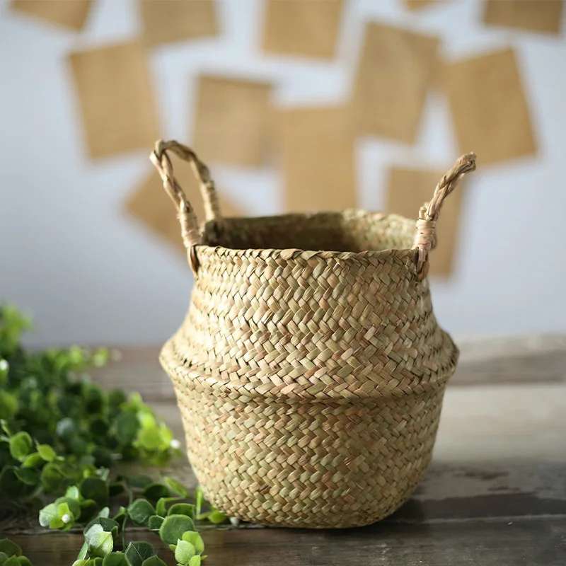 

Seagrass Wickerwork Basket Rattan Foldable Hanging Flower Pot Planter Woven Dirty Laundry Hamper Storage Basket Home Decor Siz