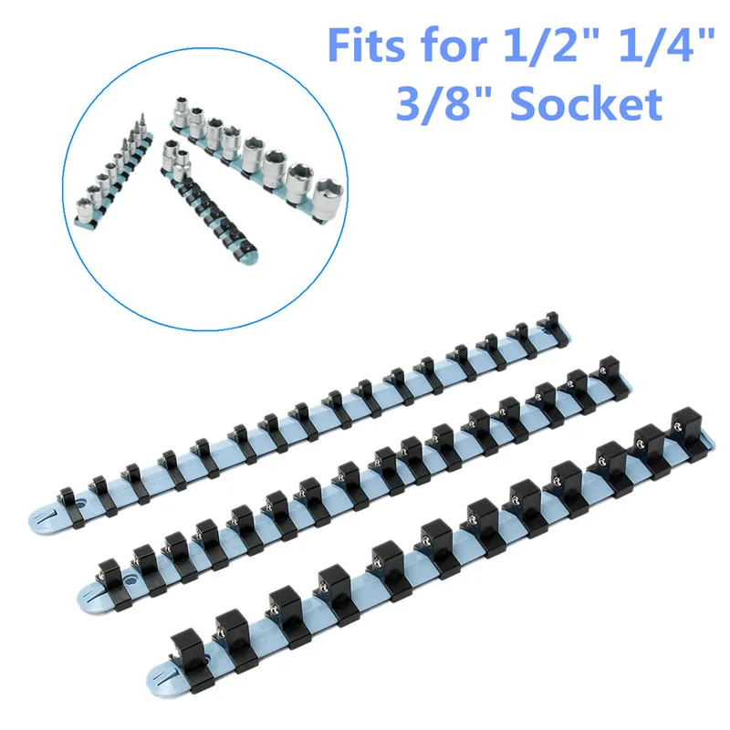 

3PC Socket Rail Rack Holder For Drive Size 1/4" 3/8" 1/2" For Wall-mounting 12/16 Clips for Storing Loose Sockets Neat Tidy