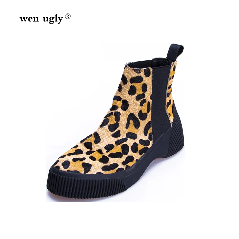 

Street punk locomotive boots horse fur leather Chelsea boots women's winter boots 2018 new short boots leopard fashion shoes