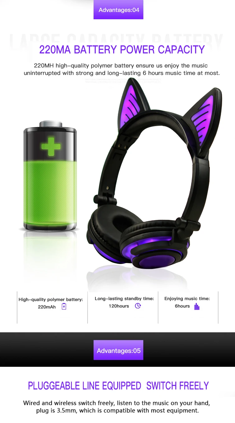 Bluetooth кошка Наушники Беспроводной наушники свет мигает светящиеся наушники с микрофоном для смартфоны ПК для девочек Дети