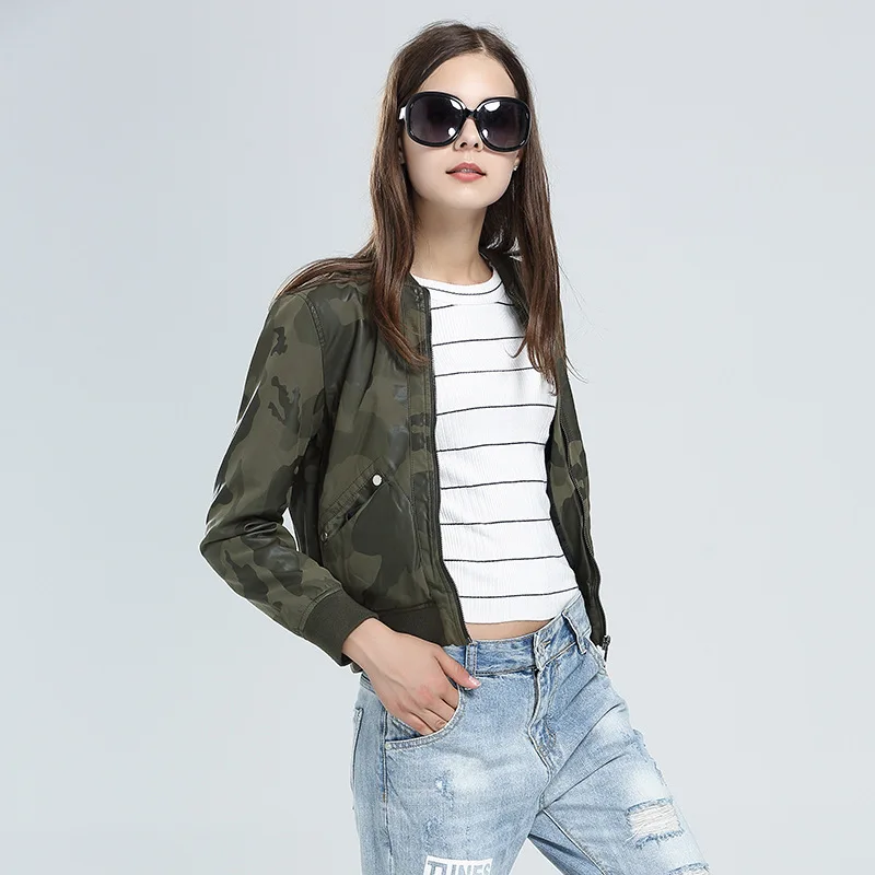 Cuir Régulier Acrmrac Col Camouflage En Manches Mince Modèles Pu À Zipper Veste Locomotive Long Femmes Impression Printing Montant TKFl1Jc3