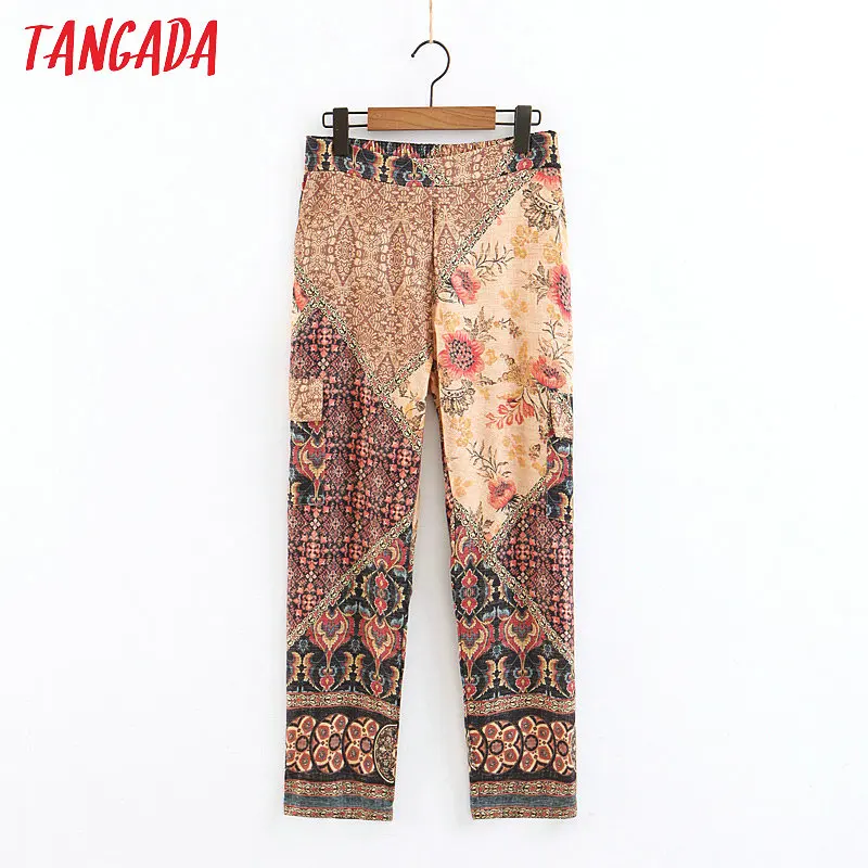 

Tangada women vintage floral print pants elastic fashion summer 2019 waist pockets chiffon pants for female 3Z59