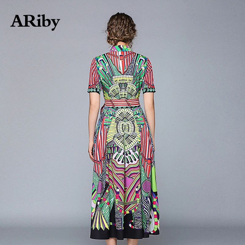 Women Dress Long Party Maxi Turn-down Collar Dress 2019 New Summer Fashion Vintage Elegant Printed Bow Mid-Calf A-Line Dresses