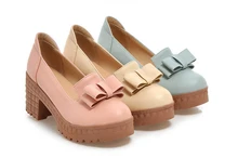 hot sell 2016 Pink Ladies Shoes Round Toe Square High Heel PU leather Woman Pumps Women bow high-heeled Shoes plus Size