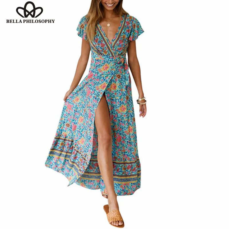 Wonder Holiday Print Flower Sexy Long Beach Dress Women 2019 Deep V-neck Vintage Boho Dress Short Sleeve Robe Femme 2019 new