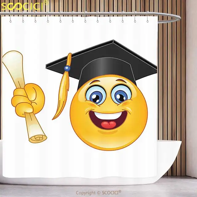 Decorative Shower Curtain Graduation Smiley Emoji Character with a