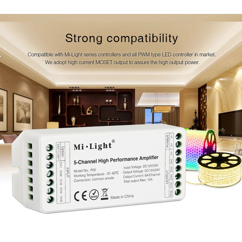 Mi светильник DC12V/24V PA5 15A 5 канальный высокопроизводительный усилитель контроллер