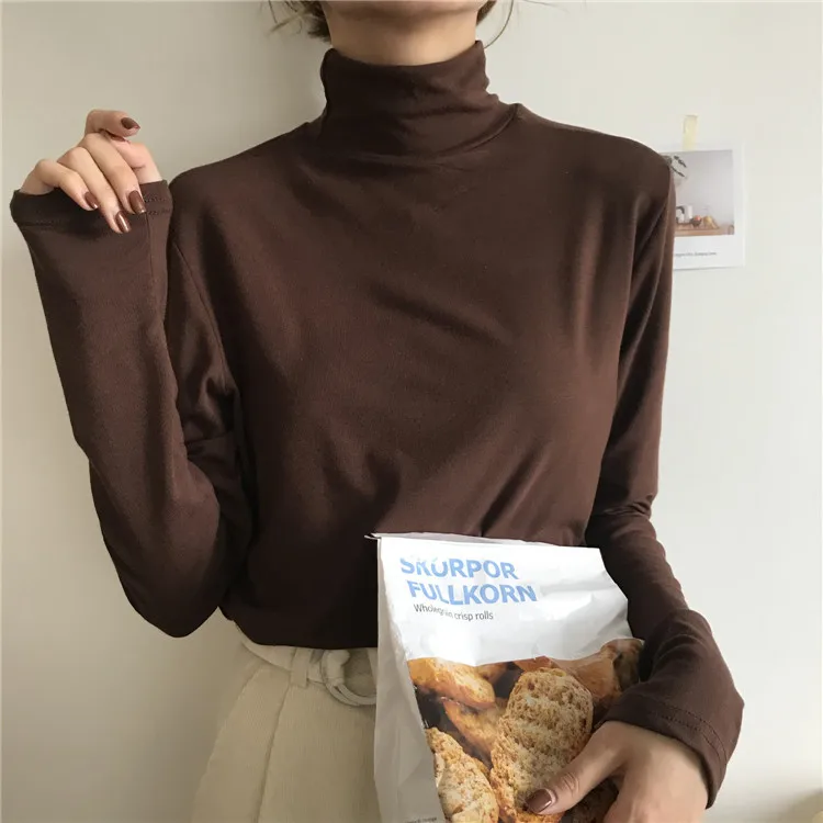 Mooirue Харадзюку Осенняя Базовая водолазка футболка женская с длинным рукавом Однотонная тонкая винтажная уличная Корейская стильная футболка женская