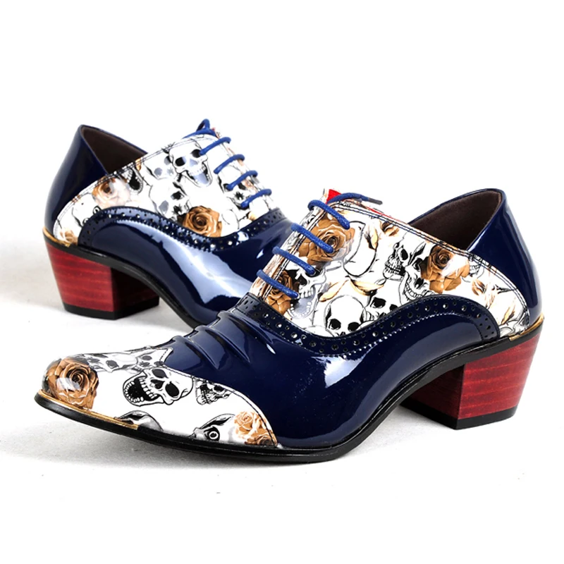 New Fashion High Heel 6cm Patent Leather Pointed Oxfords Shoes Men Skull Pattern Party Wedding Men's Dress Shoes M396