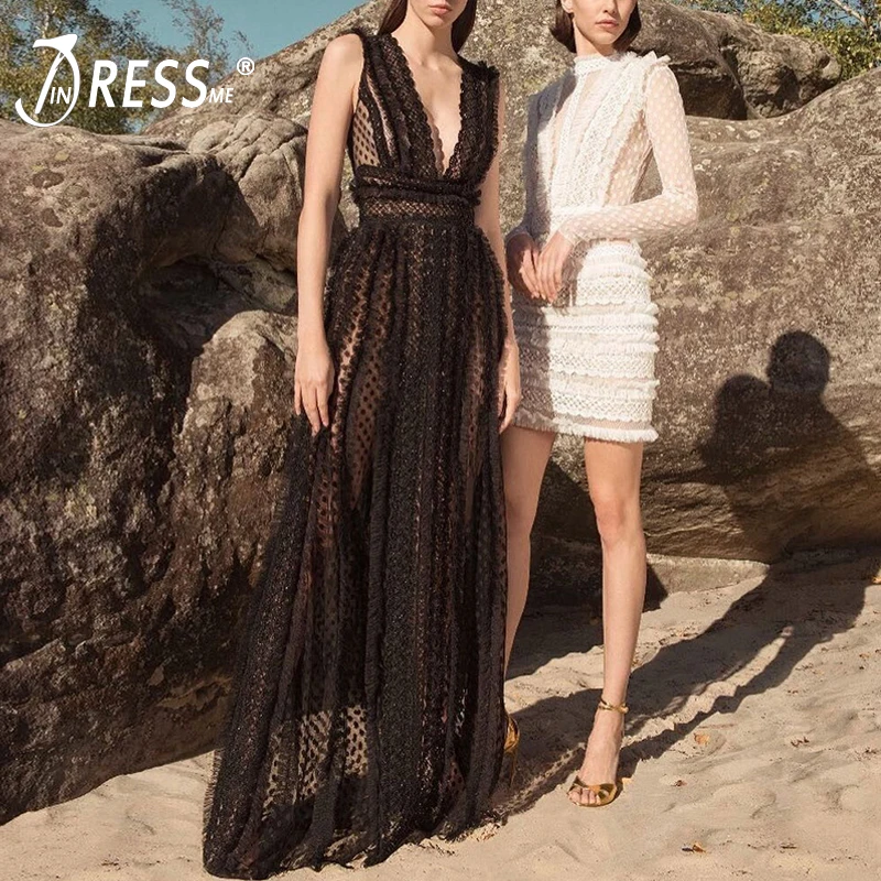 

INDRESSME 2019 New Sexy Plunge Sleeveless High Waist Features Mesh Lace Fringe Elegant Women Party Maxi Dress Out Club Gown