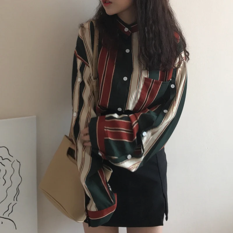 

Women 2019 Spring Autumn Fashion Brand Korea Style Vintage Striped Patchwork Stand Collar Long Sleeve Shirt Female Casual Shirts