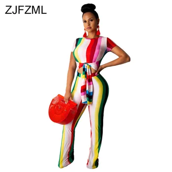 

Rainbow Stripe Sexy Bandage Jumpsuit Women Tie Up Waist Band Cut Out Party Bodysuit Summer O Neck Short Sleeve Beach Long Romper