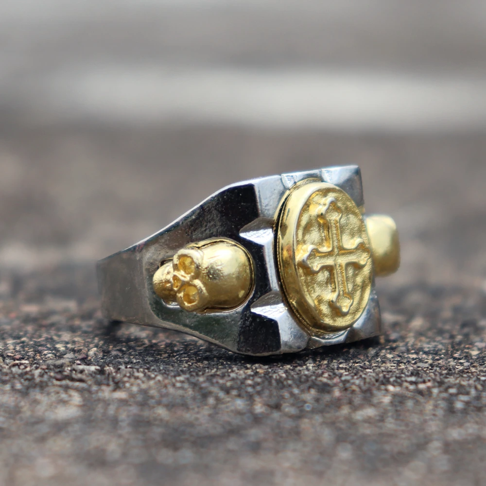 Винтажные мексиканские стильные мужские золотые кольца с крестом и черепом