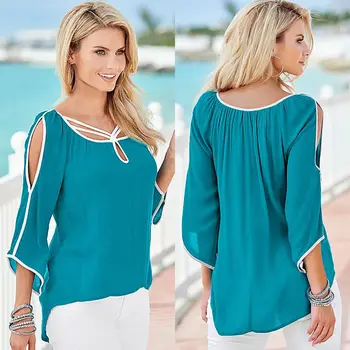 

Women Lady Summer Blouse New Clothing Loose Blue Casual Chiffon Hole Shirts Women Lady Summer Tops Fashion Blouse 2018 New