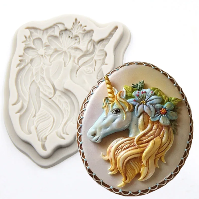 

Unicorn Head With Flowers Silicone Fondant baking Paste Mold DIY Cake Decorating Polymer Clay Resin Candy Fimo Super Sculpey