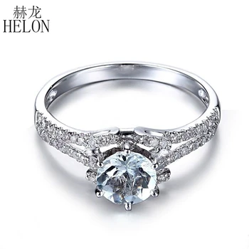 

HELON Solid 10K White Gold 6.5mm Round 100% Genuine Lightest Blue Aquamarine Real Natural Diamonds Engagement Wedding Fine Ring
