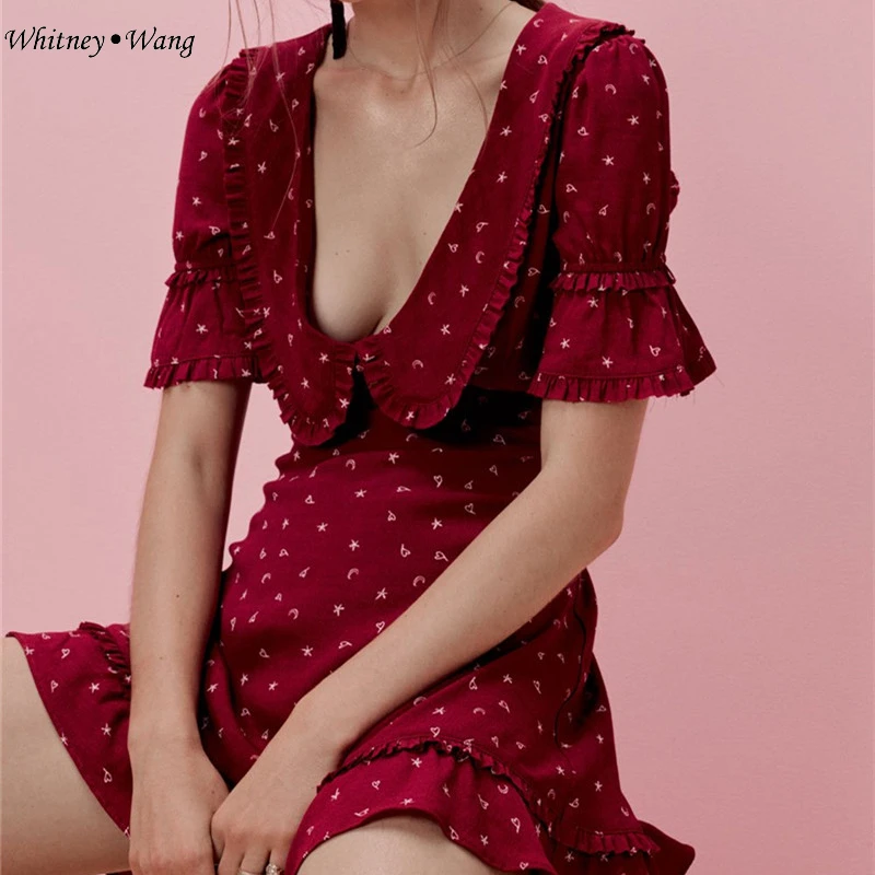 Уличная мода WHITNEY WANG, винтажный стиль, воротник Питер Пэн, летнее платье с принтом, женское пляжное платье, платья verano