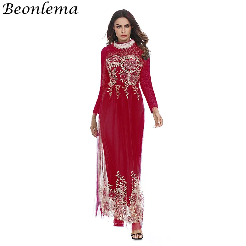 Beonlema мусульманское платье Для женщин Вышивка арабский Сетчатое халат Marocaine
