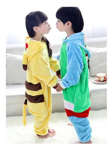 Anime Poke mon pika chu jumpsuit Cosplay Onesie Children Kids Flannel Animal Pajamas Anime Cartoon Costumes Sleepwear Free ship