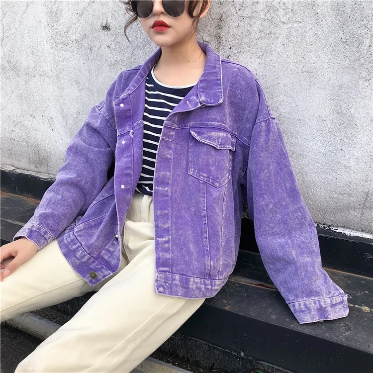 Джинсовая женская куртка осень, модная свободная ковбойская Женская одежда в Корейском стиле, фиолетовые короткие куртки больших размеров A9124