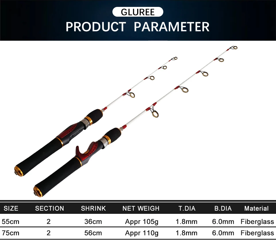 GLUREE мини-удочка для подледной рыбалки, плотное удилище, портативные зимние удочки для подледной рыбалки, сверхлегкие рыболовные снасти из стекловолокна с эва ручкой 55 см 75 см