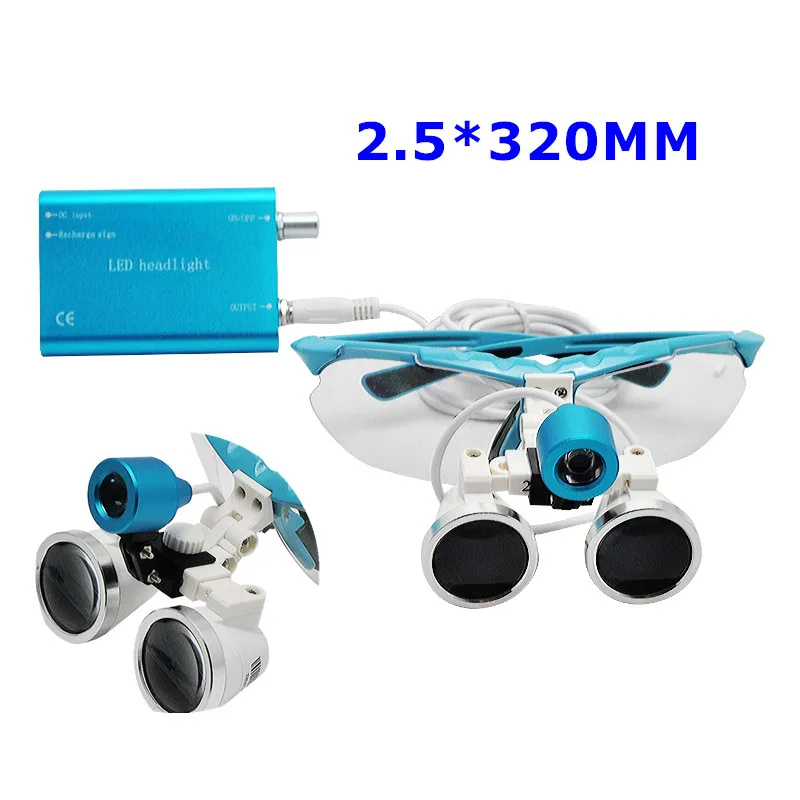 

Blue Dentist Dental Loupes Surgical Medical Binocular Loupes 2.5X 320mm with LED Head Light Lamp