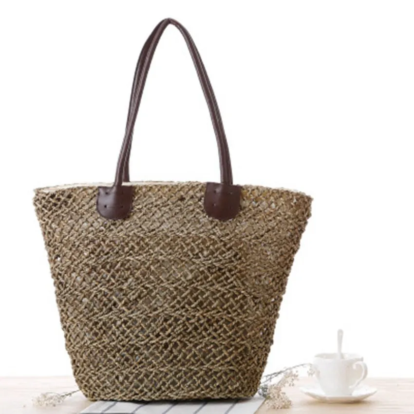 College wind new grass hollow woven bag shoulder rough woven bag travel ...