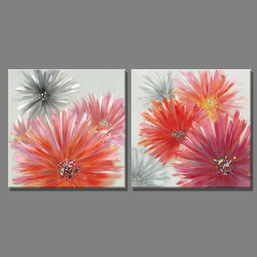 2 Piece European red petals Gray flowers oil painting Canvas beautiful
